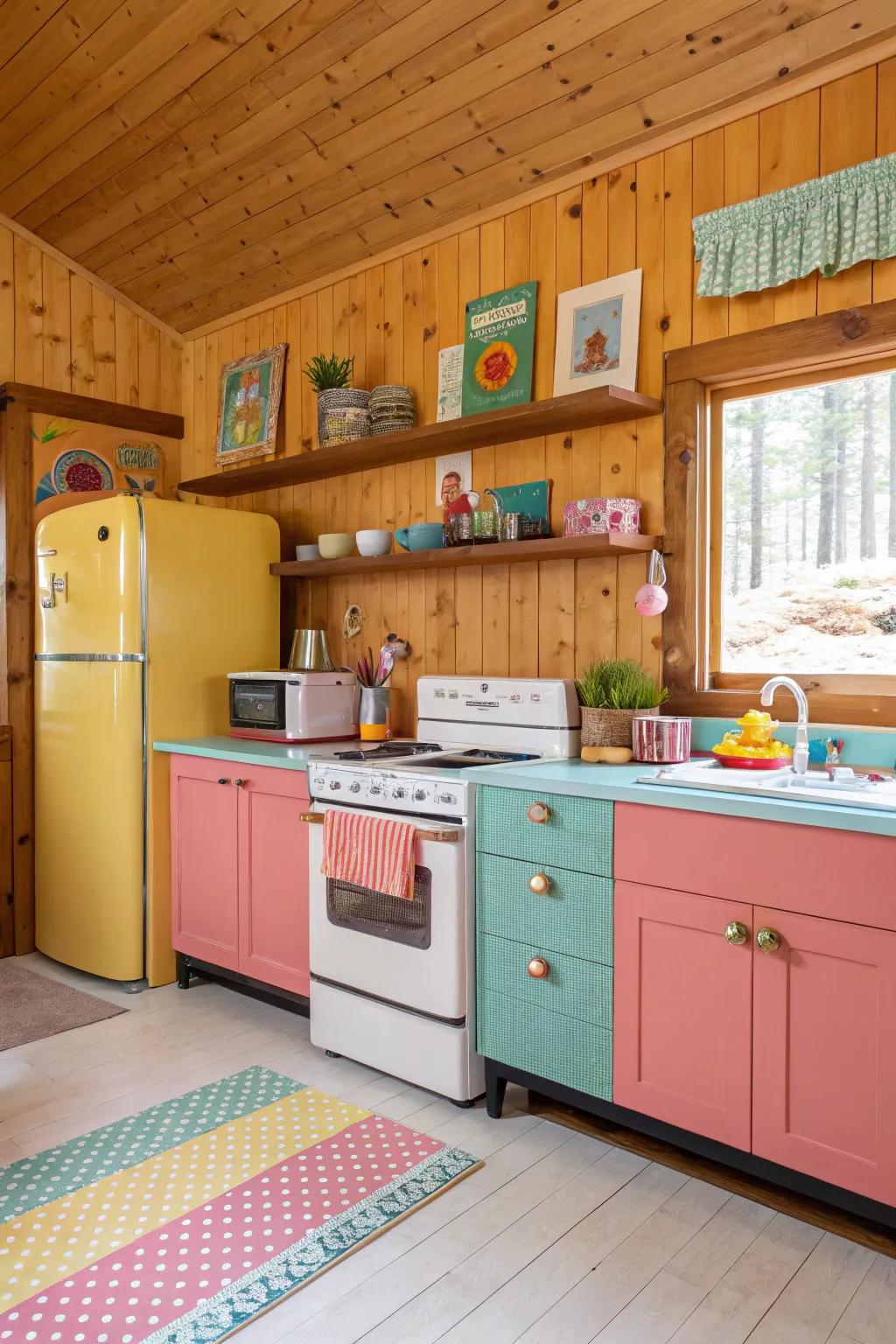 Bold color pairings with wood paneling create a stunning effect.