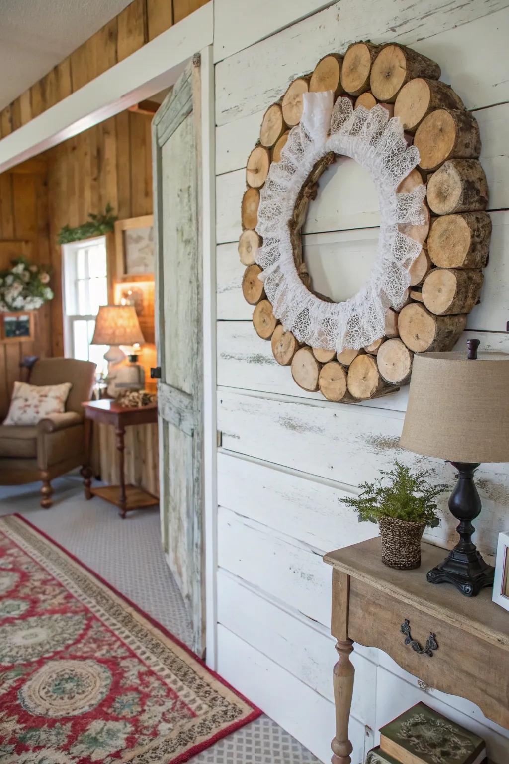 Antique weave and wood rounds mixture, displaying a romantic refinement.