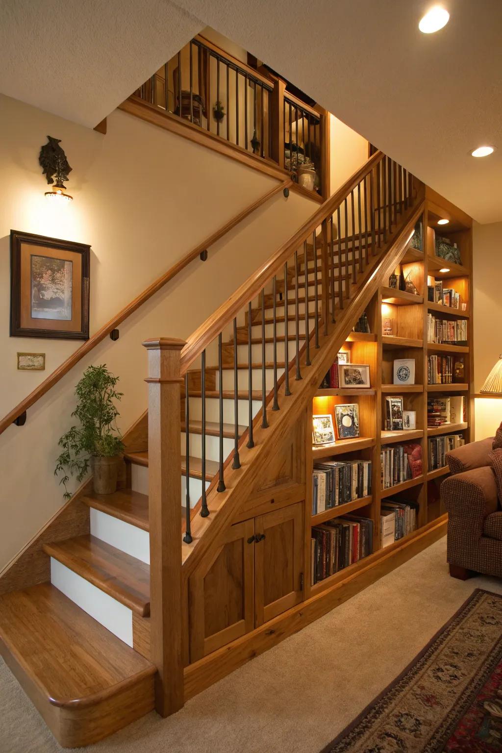 Practical design: built-in shelves in wooden railing.