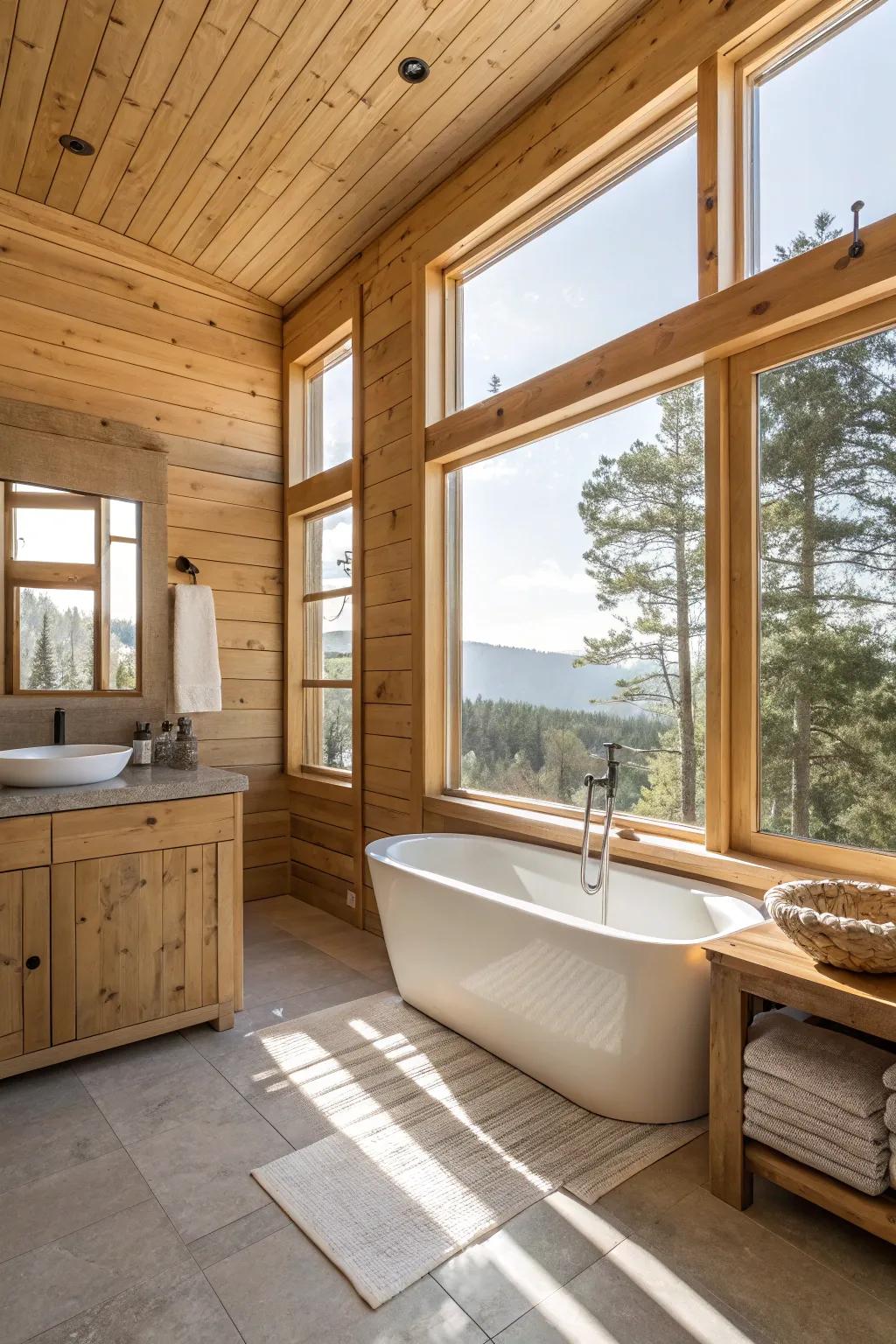 Natural light shows off the beauty of wood walls in this bathroom.