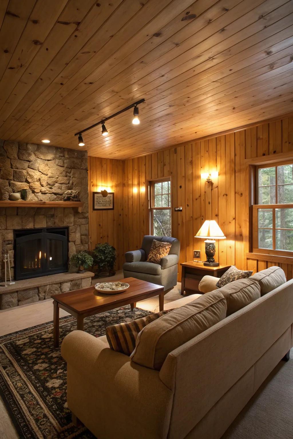 A lounge where illumination emphasizes timber panel textures.