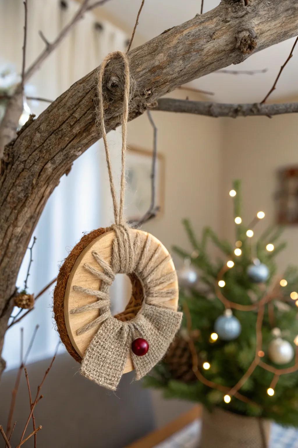Textured fabric accents lend warmth to wooden disc ornaments.