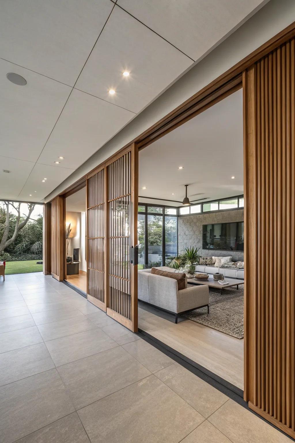 Sliding screens provide flexible space management in this modern lounge.