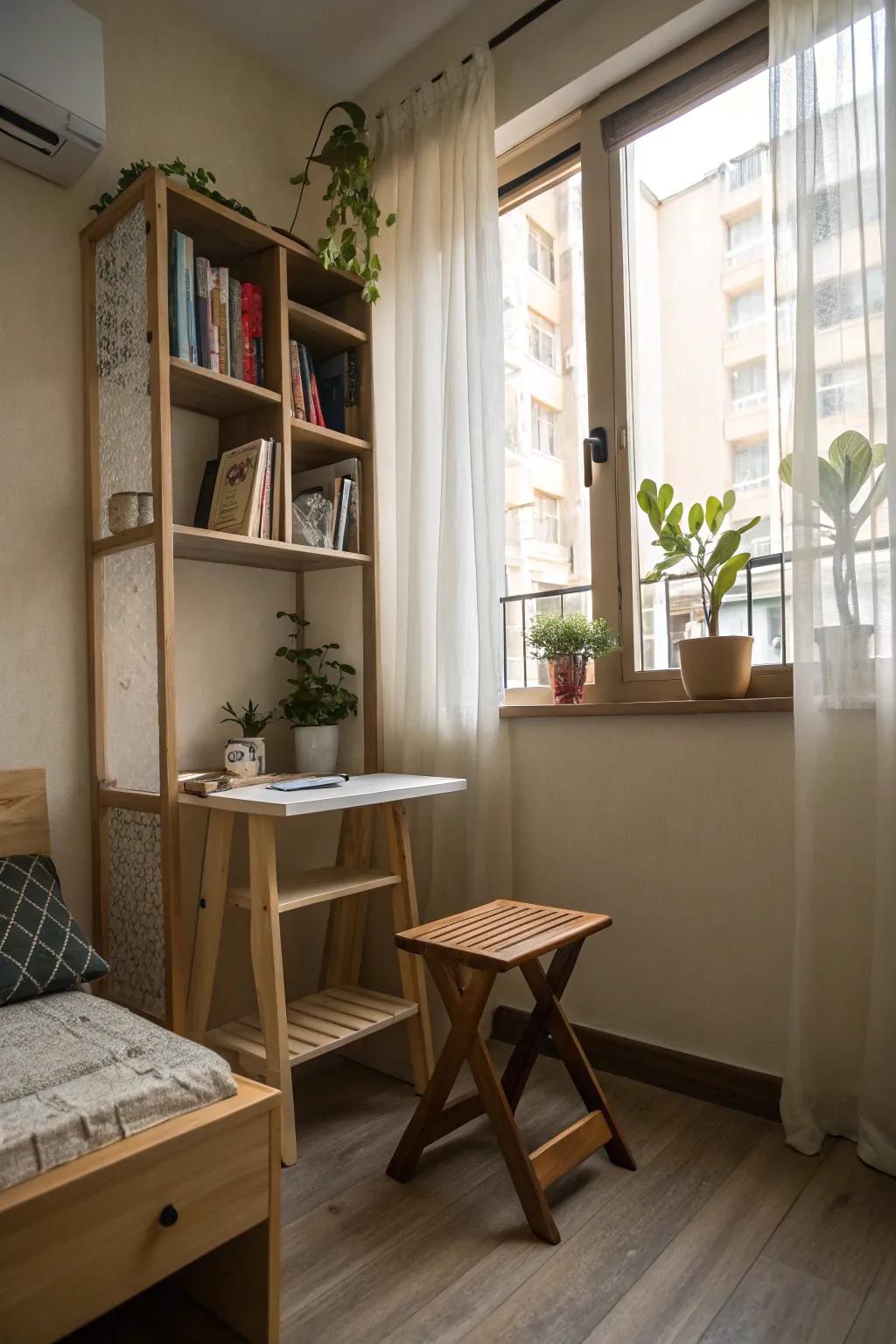 A wooden stool designed for saving space, perfectly suited for compact living spaces.