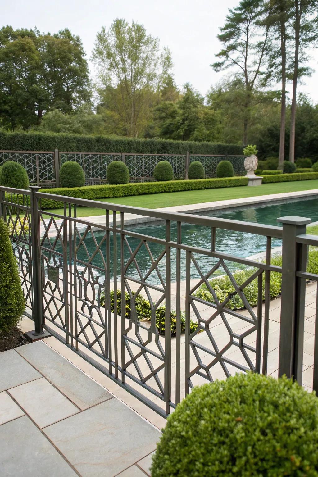 Geometric patterns on a forged metal fence offer a modern twist.