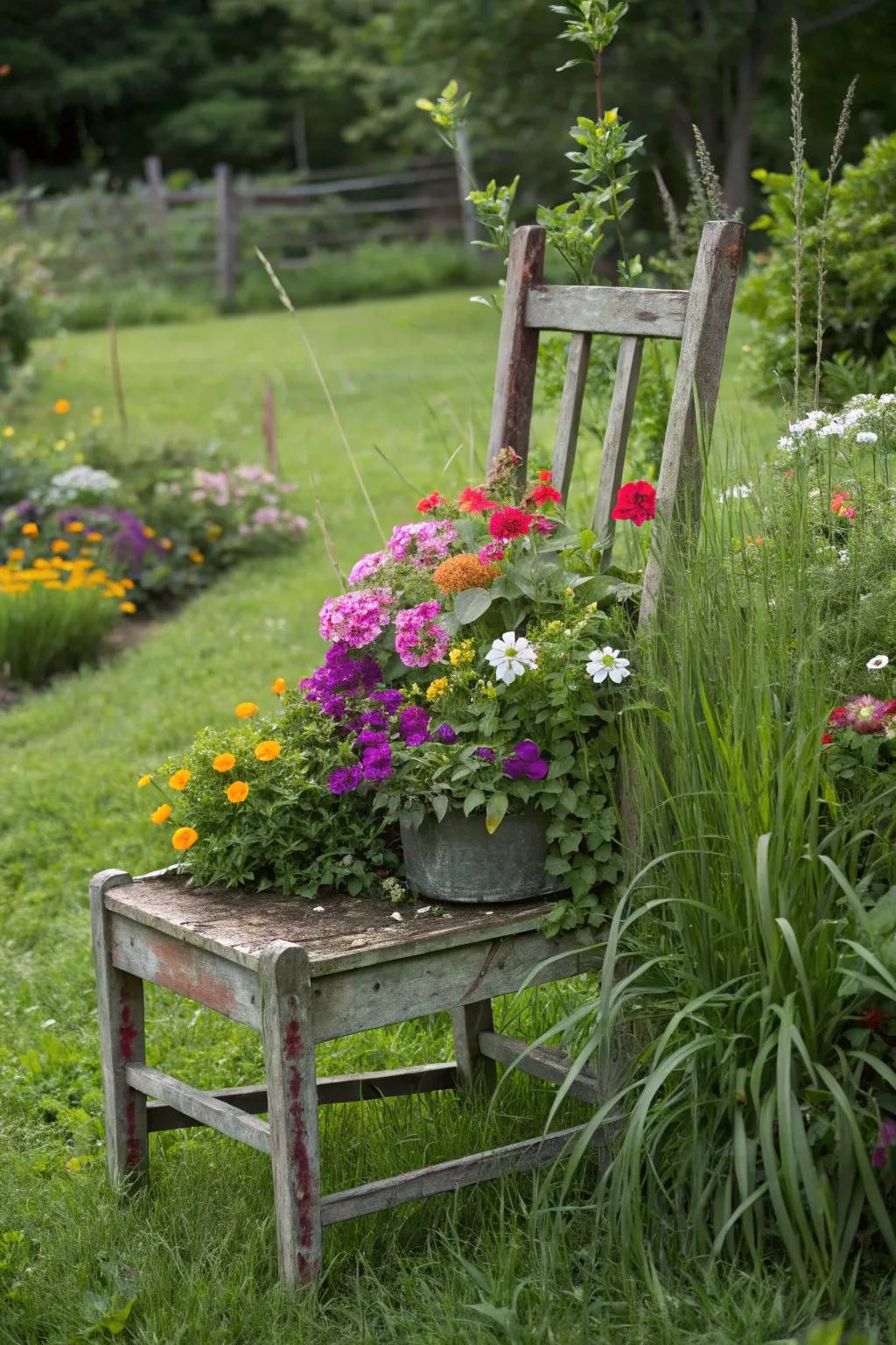 Antique seat blossom beds present a whimsical touch to this garden.