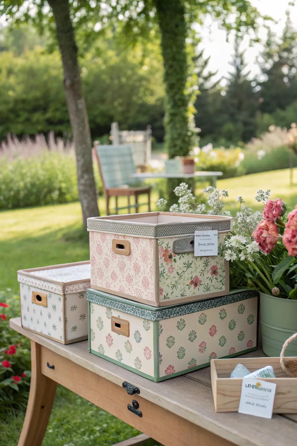 Unique storage boxes offer personalized elegance.