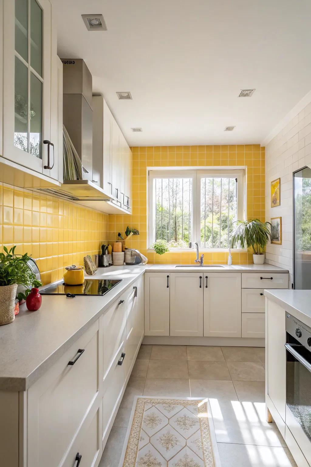 Natural light enhances the brightness of the goldenrod backsplash.