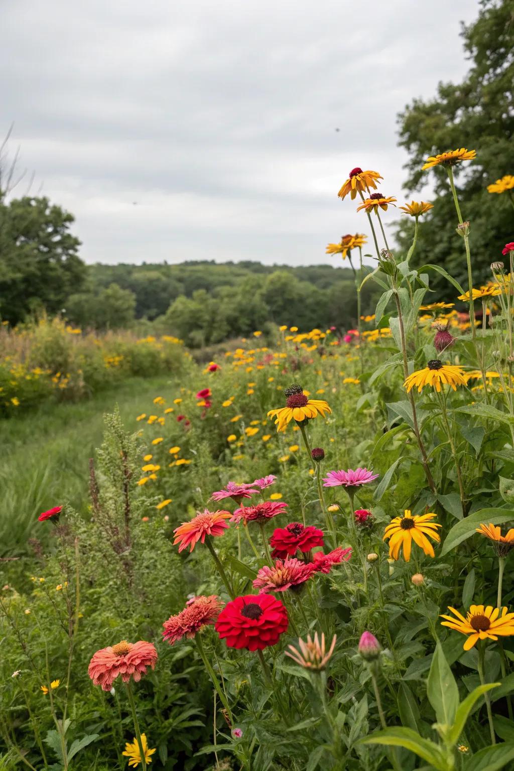A whimsical native garden showcasing zinnias alongside companion flowers.