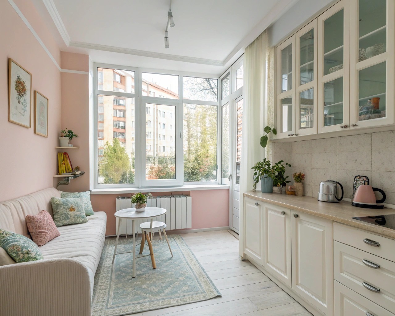 A compact interior enhanced by light colors and strategic lighting to create a sense of spaciousness.