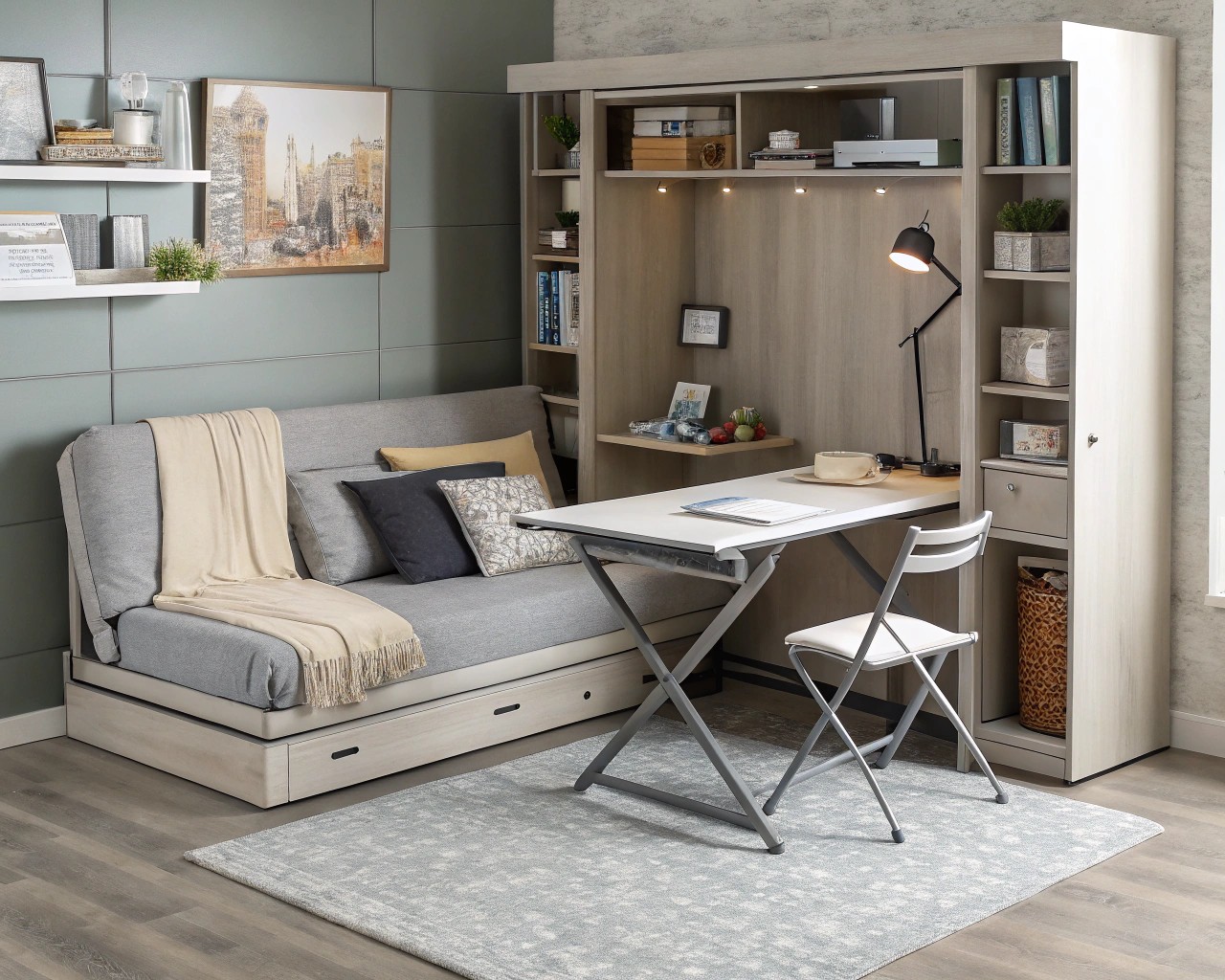 A modern home utilizing multi-functional furniture for maximum utility in a small area.