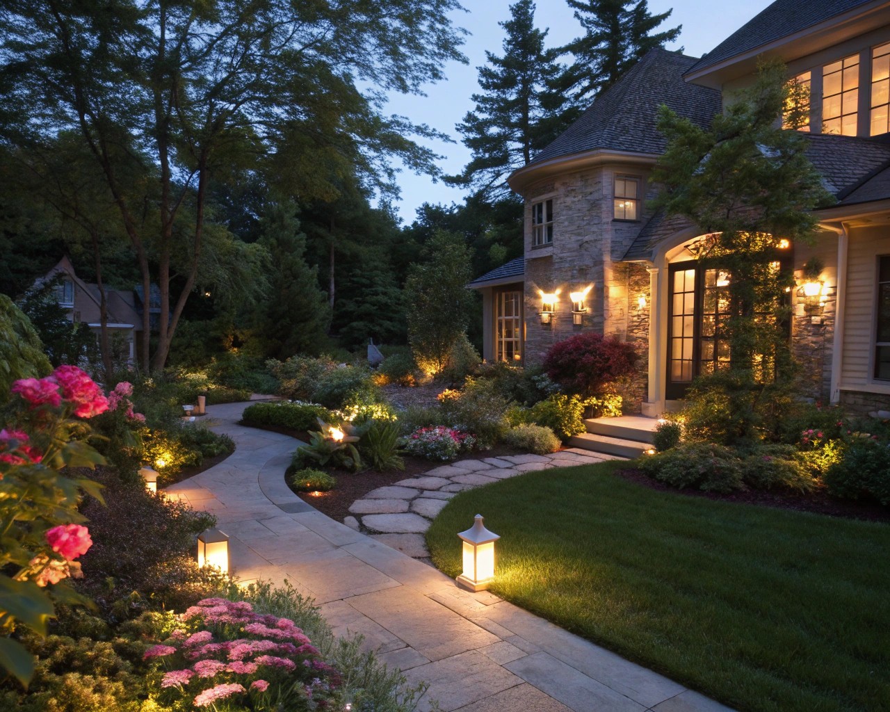 Accent lighting highlights key features, adding depth and character to gardens.