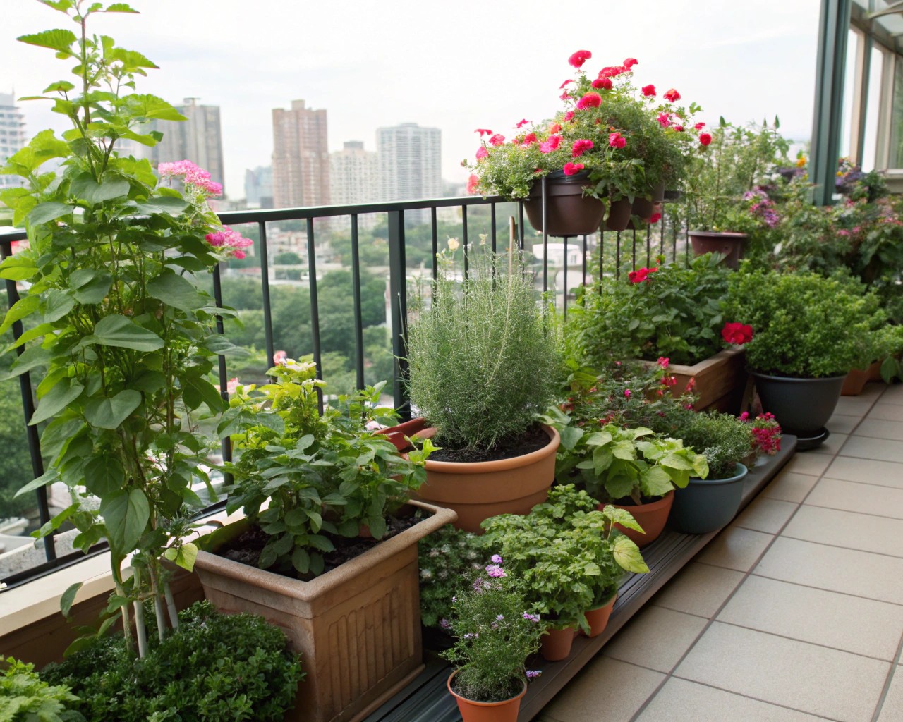 An array of container plants adding flexibility and beauty to a compact outdoor residential space.