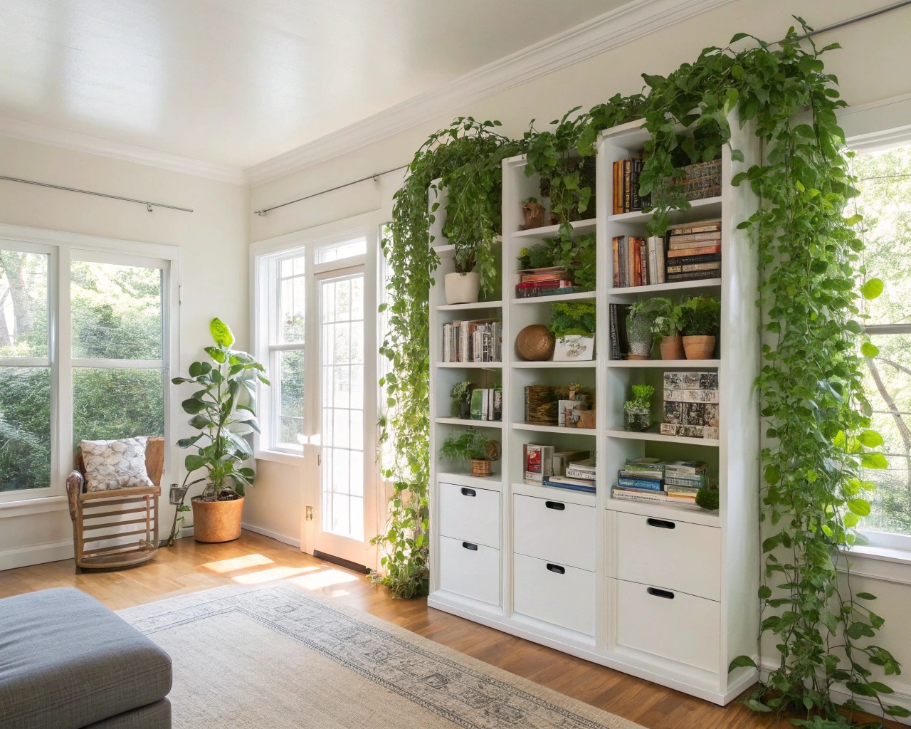 An interior showcasing smart vertical space utilization for storage and greenery.