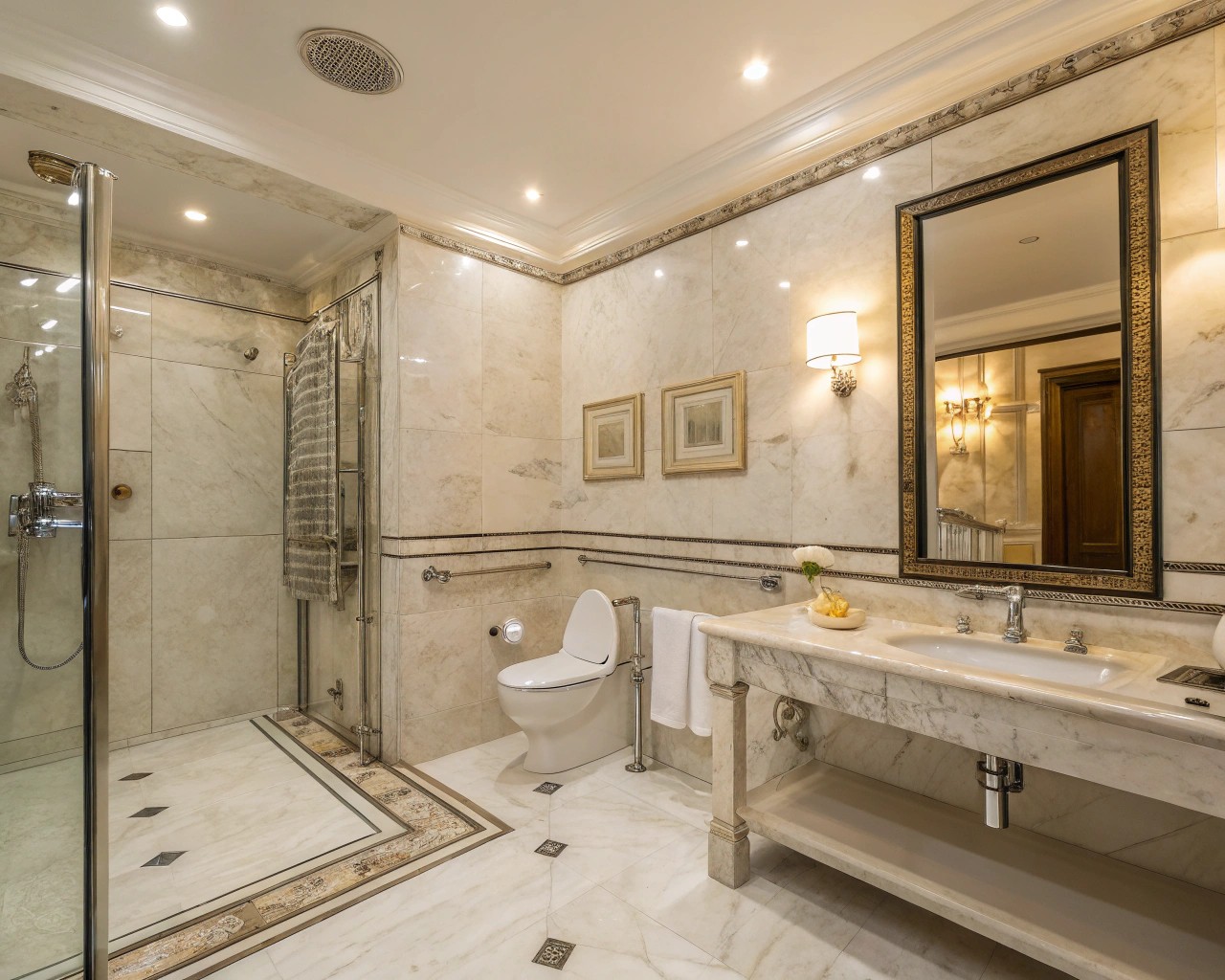 Elegantly designed bathrooms prioritize both safety and serenity.
