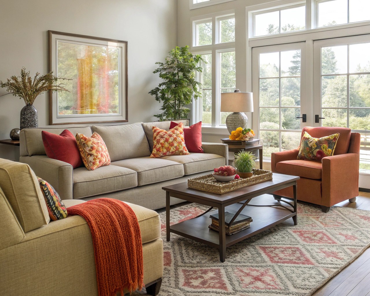 Strategic use of color balancing neutrals with accents for longevity.