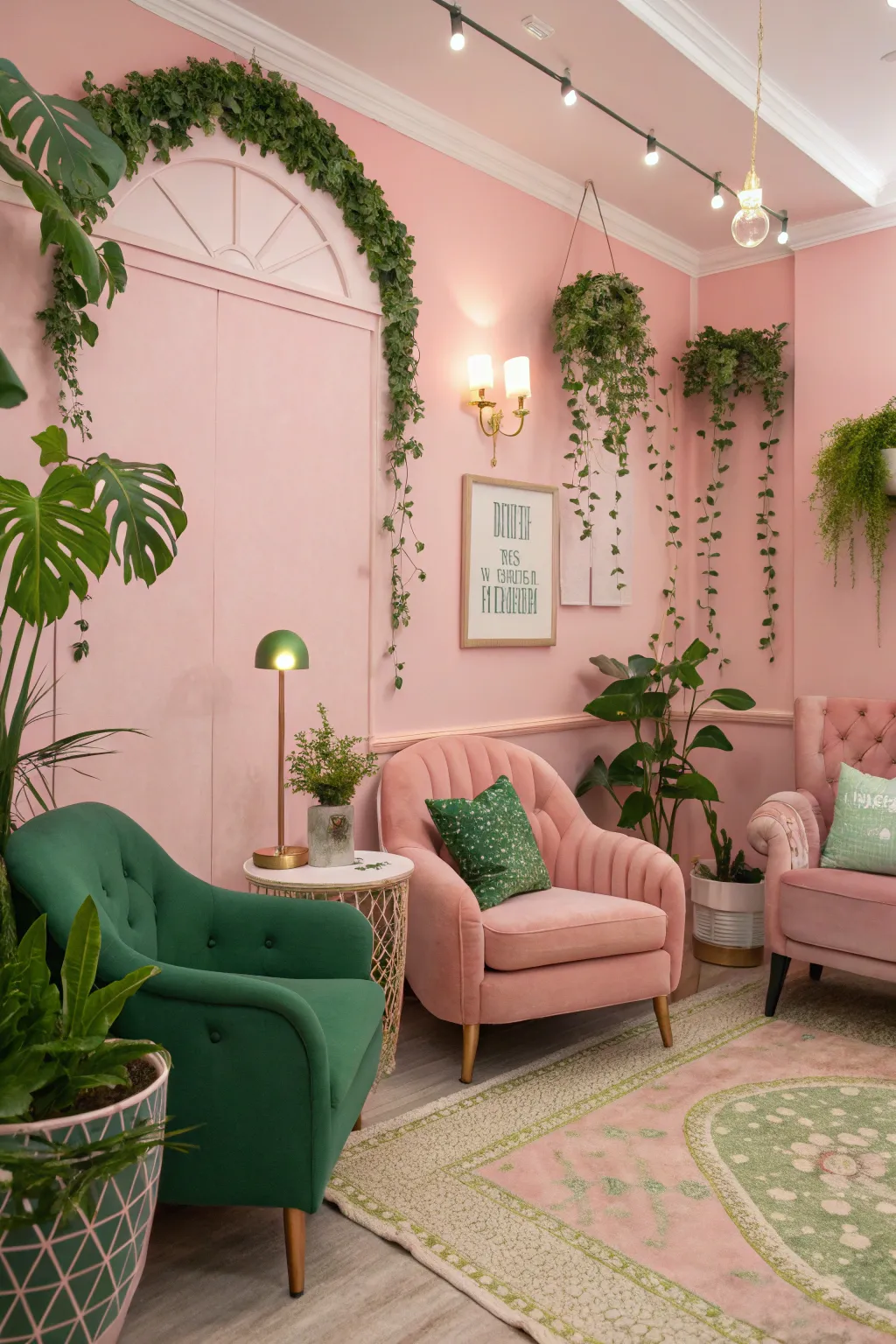 Chic Green Rooms with Pink Accents